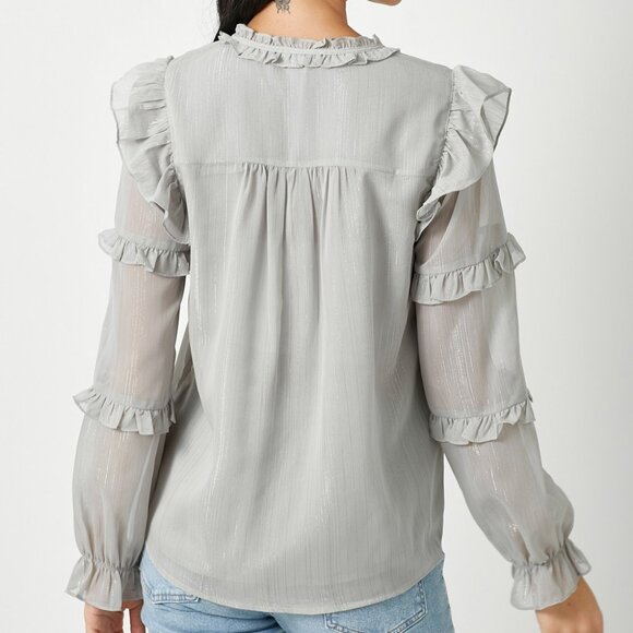 MYSTREE Light Grey Ruffle Blouse with Sheer Sleeves, Feminine Metallic Shimmer - Picture 5 of 8